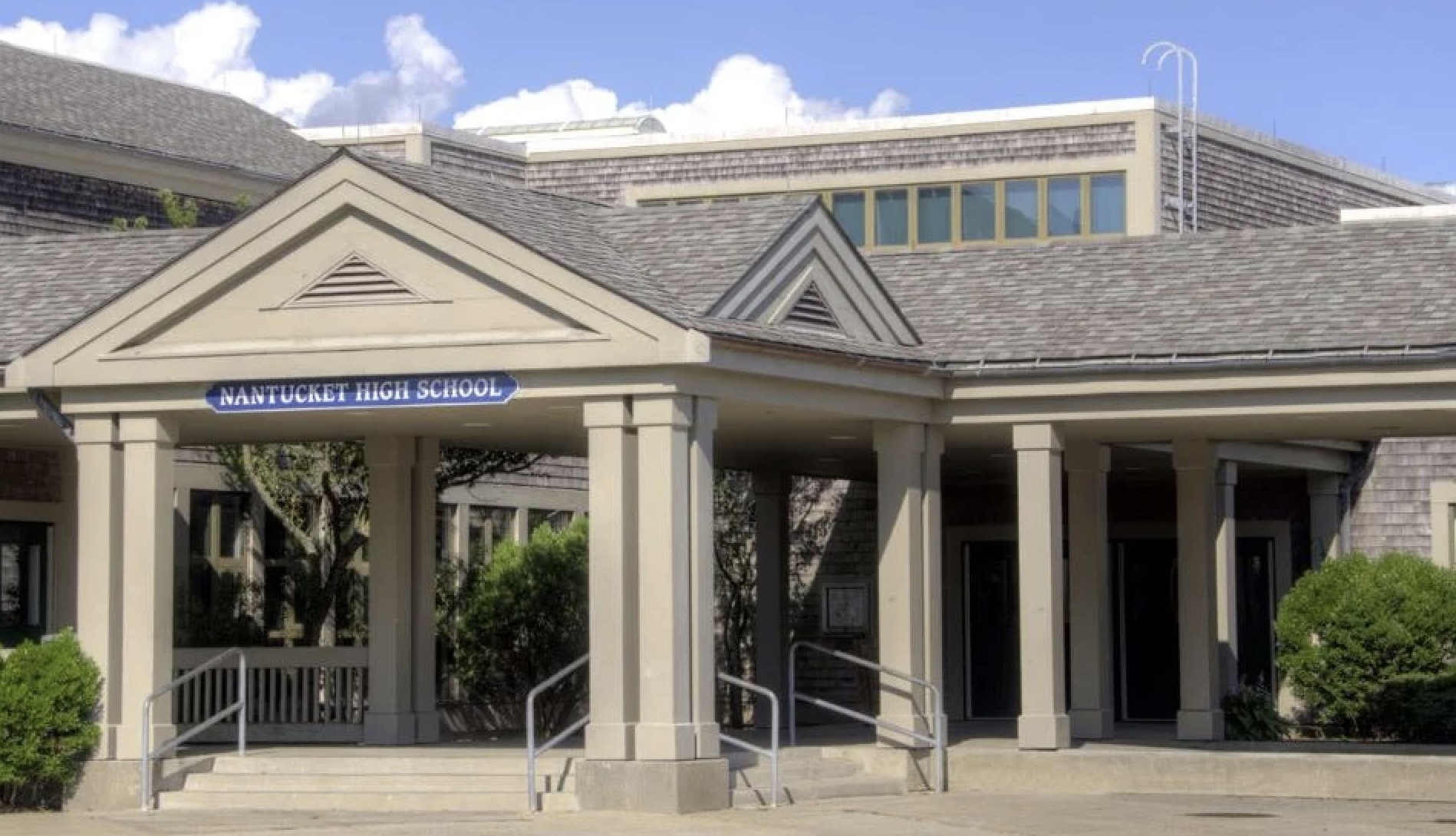 Nantucket High School Entrance. The full covered entry way is visible.